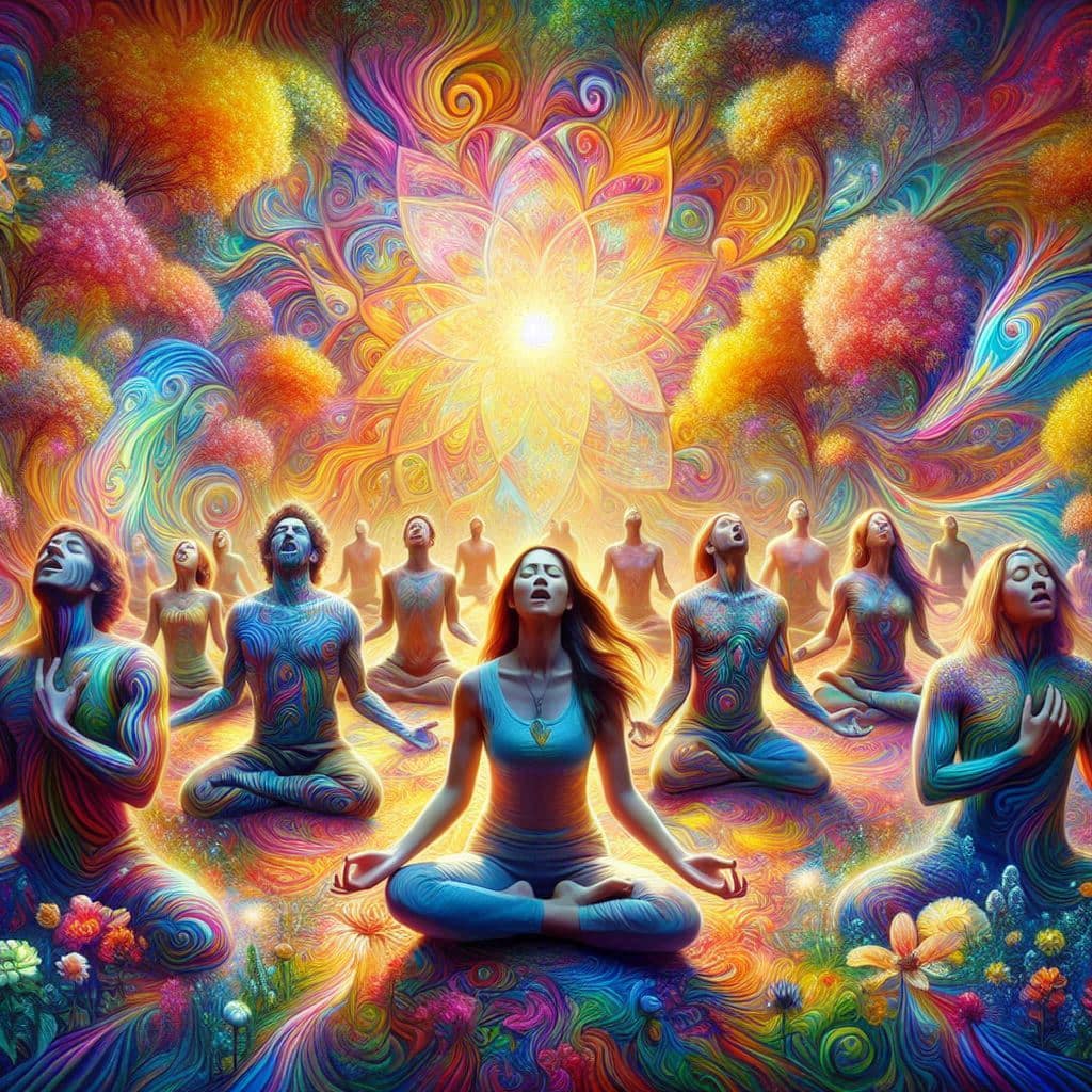 Ecstatic Breath Work verschiedene Farben, befreiend, Gruppe von tief atmenden bewegenden Menschen